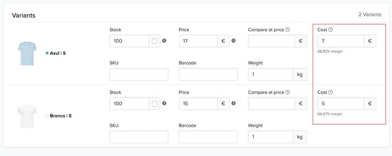 Screenshot of extended variants options screen with input fields for cost for each variant